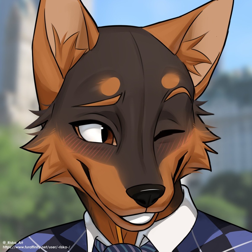 1:1 2023 anthro black_body black_fur black_nose blush blush_lines brown_body brown_ears brown_eyes brown_fur building canid canine canis cheek_tuft city clenched_teeth clothed clothing day detailed_background digital_media_(artwork) domestic_dog english_text eyebrows facial_tuft fluffy fur glistening glistening_eyes glistening_nose hairless headshot_portrait hi_res inner_ear_fluff looking_at_another looking_away male mammal multicolored_body multicolored_fur necktie one_eye_closed open_mouth open_smile outside park plant portrait riska_(artist) shy sky smile smiling_at_another solo teeth text topwear tree tuft two_tone_body two_tone_fur url vest ylsun