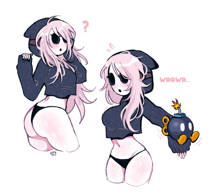 :o ? ass black_hoodie black_panties blush bob-omb bomb breasts crop_top cropped_hoodie cropped_legs curious explosive female grey_hair hand_up highres holding holding_bomb hollow_eyes hood hood_up hoodie large_breasts long_hair long_sleeves mario_(series) megrocks midriff multiple_views navel panties shiny_skin shy_gal simple_background sleeves_past_wrists standing thong underwear white_background