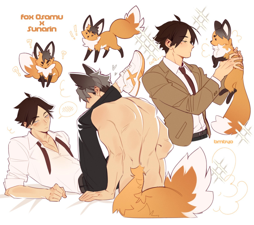 ! 2boys ? animal_ears black_hair bombyoon clothed_male_nude_male completely_nude fox fox_boy fox_ears fox_tail grey_hair haikyuu!! highres long_sleeves male_focus miya_osamu multiple_boys necktie nude red_necktie shirt short_hair simple_background suna_rintarou tail white_shirt yaoi