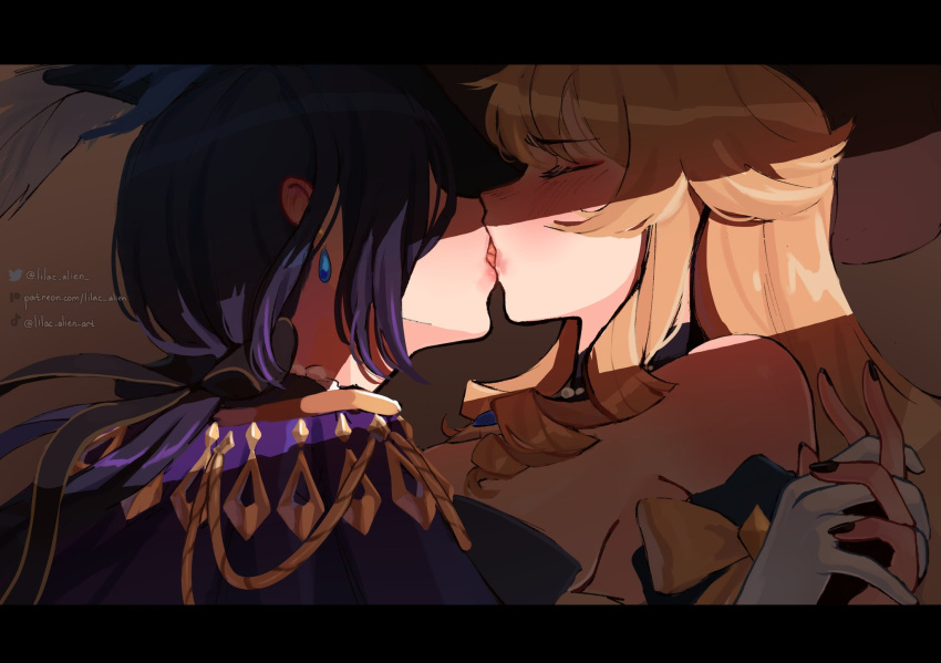 2girls blonde_hair blue_hair blush clorinde_(genshin_impact) closed_eyes dark_blue_hair french_kiss genshin_impact gloves highres kissing lilac_alien lipstick makeup multiple_girls navia_(genshin_impact) parted_lips patreon_logo patreon_username tiktok_logo tiktok_username tongue tongue_out twitter_logo twitter_username yuri