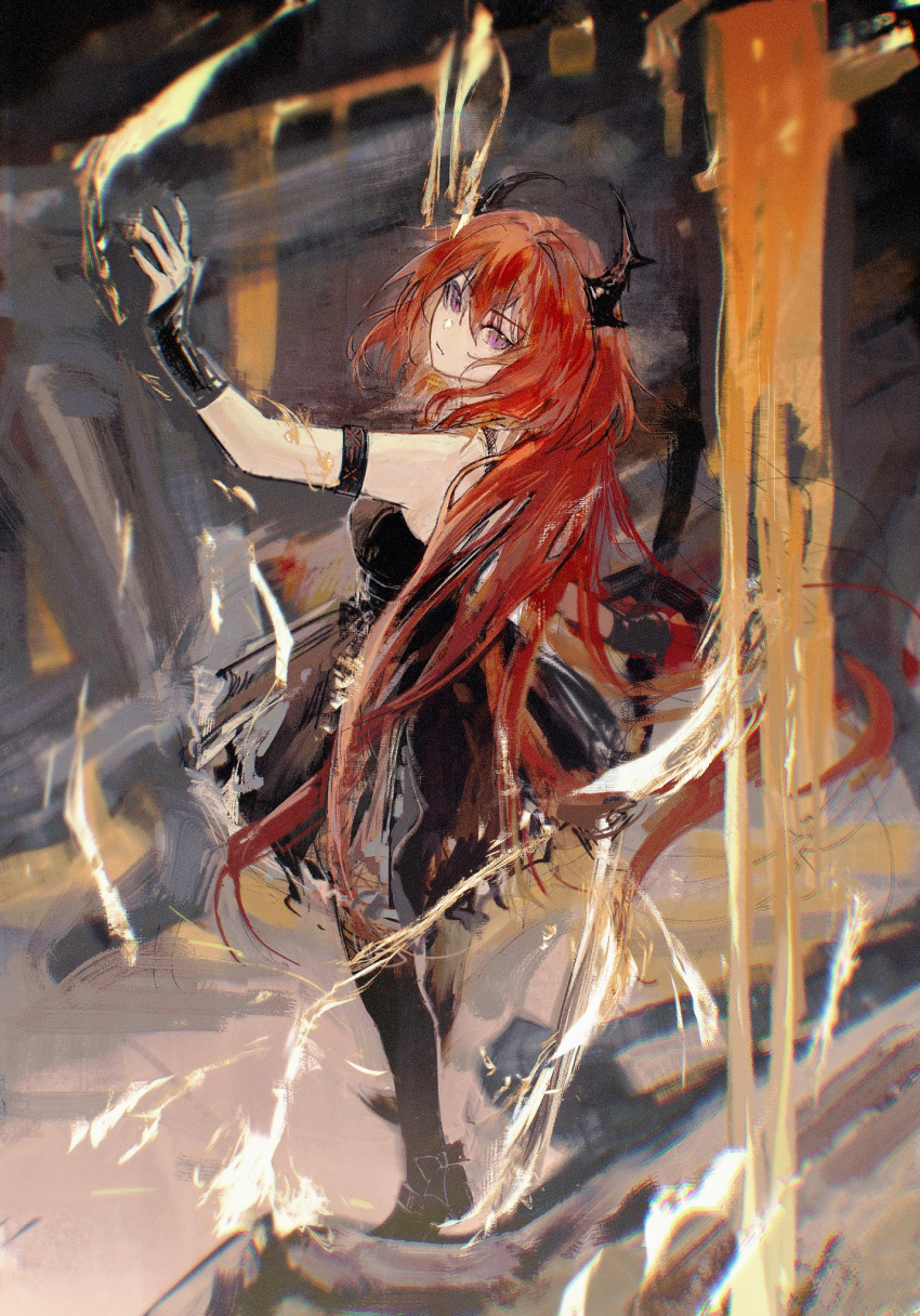 arknights bare_shoulders black_dress black_footwear black_gloves black_horns black_thighhighs breasts dark_background demon demon_girl demon_horns detached_collar dress female fire gloves hair_between_eyes high_heels highres holding holding_sword holding_weapon horns huge_weapon infection_monitor_(arknights) lava long_hair looking_at_viewer looking_back medium_breasts nekokom0 purple_eyes red_hair sidelocks sleeveless sleeveless_dress slit_pupils solo spaghetti_strap surtr's_golem_(arknights) surtr_(arknights) sword thighhighs very_long_hair weapon