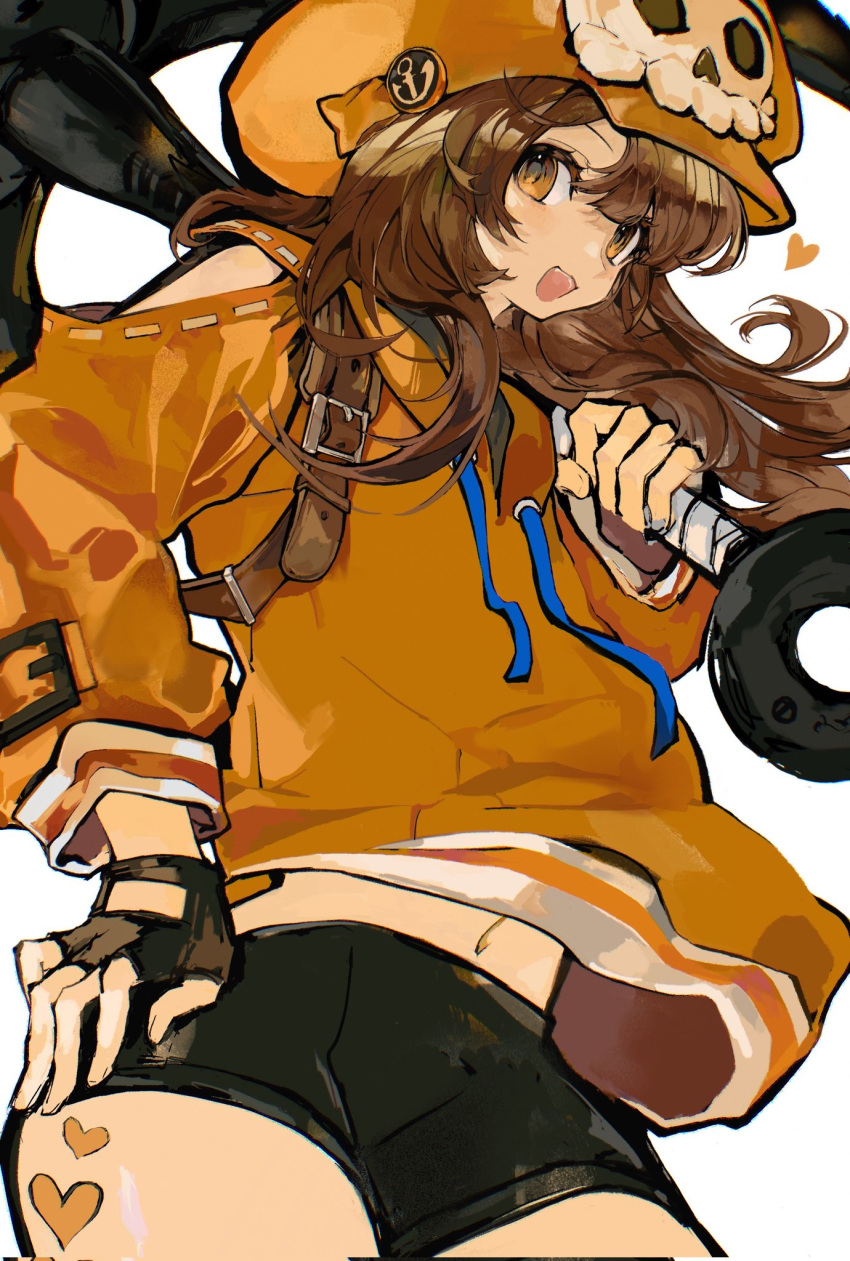 anchor anchor_symbol bike_shorts brown_eyes brown_hair cabbie_hat female fingerless_gloves found_modori gloves guilty_gear guilty_gear_strive hand_on_own_hip hat heart heart_tattoo highres holding holding_anchor holding_weapon huge_weapon jacket long_hair looking_at_viewer may_(guilty_gear) navel orange_headwear orange_jacket short_shorts shorts simple_background skull_and_crossbones stomach tattoo thighs weapon