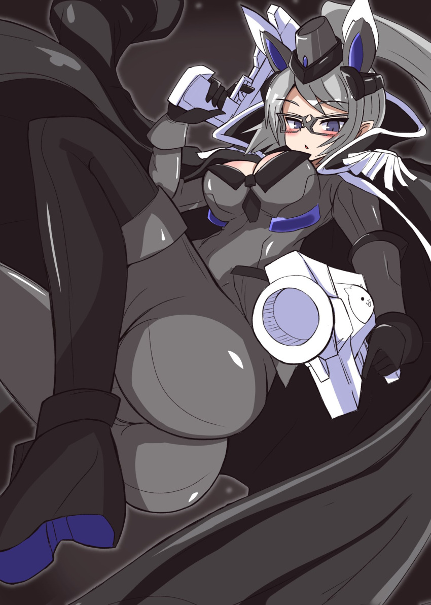 animal_ears ass black_cat_(nyanko_daisensou) bodysuit breasts cat_(nyanko_daisensou) cat_ears chibiharin eye_mask female grey_bodysuit grey_hair grey_headwear gun handgun hat high_heels highres holding holding_gun holding_weapon large_breasts nyanko_daisensou ponytail purple_eyes stiletto_heels weapon