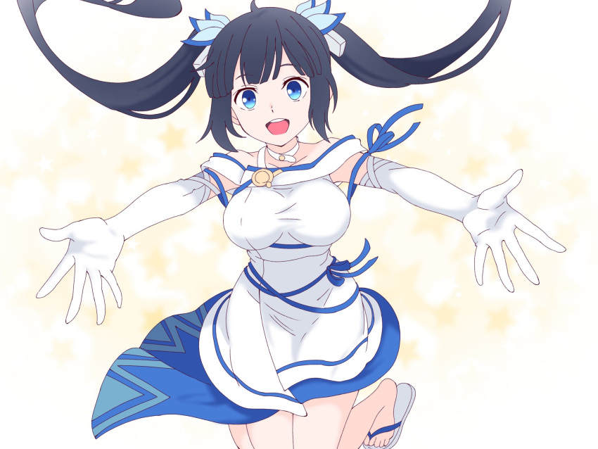 black_hair blue_eyes breasts choker dress dungeon_ni_deai_wo_motomeru_no_wa_machigatteiru_darou_ka elbow_gloves female flip-flops gloves hair_ornament hestia_(danmachi) highres large_breasts long_hair maou_(ajtdmw369) open_mouth sandals short_dress smile solo teeth twintails upper_teeth_only white_choker white_dress white_footwear