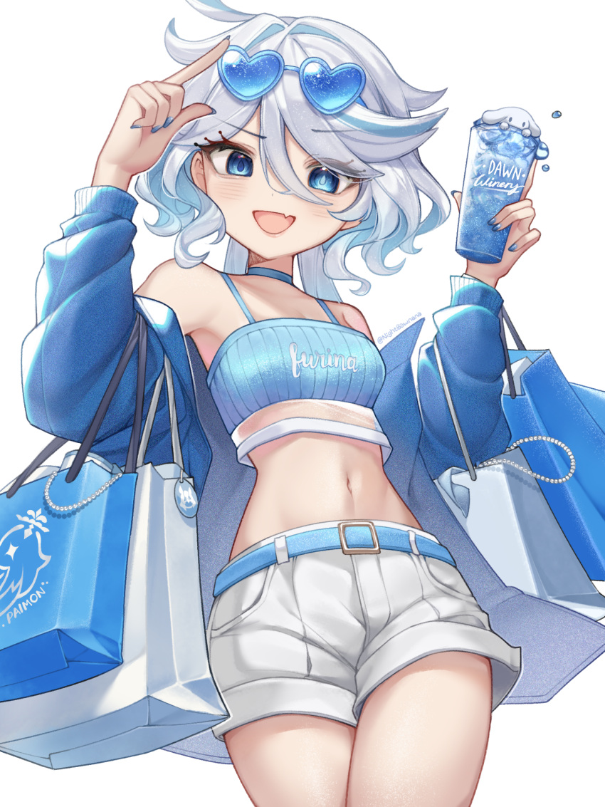 :d alternate_costume bag bare_shoulders belt blue_belt blue_choker blue_eyes blue_jacket blue_nails breasts camisole character_name choker clothes_writing commentary cowboy_shot crop_top cup drinking_glass eyewear_on_head female furina_(genshin_impact) genshin_impact hands_up highres holding holding_cup jacket long_sleeves looking_at_viewer midriff nail_polish navel nightbawnana oerba_yun_fang off_shoulder paimon_(genshin_impact) shopping_bag short_shorts shorts simple_background skin_fang small_breasts smile solo spaghetti_strap standing sunglasses thighs white_background white_hair white_shorts