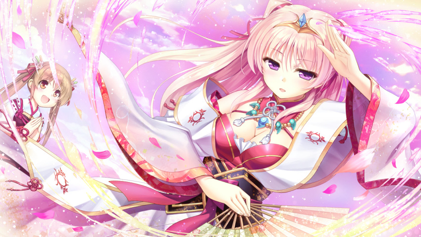 2girls :d armor bekkankou breastplate breasts brown_hair cherry_blossoms cleavage cloud collar dancing detached_sleeves diadem floral_print game_cg hair_ornament hair_ribbon hand_fan holding holding_fan iris_mysteria! japanese_clothes jewelry kimono long_hair magatama magatama_necklace medium_breasts miyaguni_akari multiple_girls necklace own_hands_clasped own_hands_together pendant petals pink_hair purple_eyes red_collar ribbon sen_no_hatou_tsukisome_no_kouki shiinoha_kotone sky smile tiara twintails wide_sleeves yellow_eyes