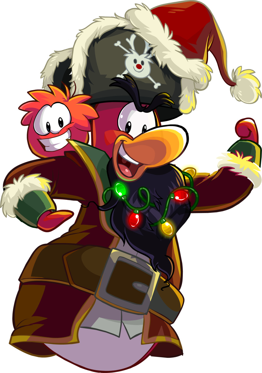 absurd_res alpha_channel avian beard belt bird black_hair brown_belt brown_clothing brown_jacket brown_topwear captain_rockhopper christmas christmas_clothing christmas_headwear christmas_lights clothing club_penguin duo facial_hair fur_trim_headwear grin hair hat headgear headwear hi_res holidays jacket jolly_rodger male official_art open_mouth penguin pirate_hat puffle santa_hat shirt smile teeth toony topwear unknown_artist upper_body upper_teeth white_clothing white_shirt white_topwear