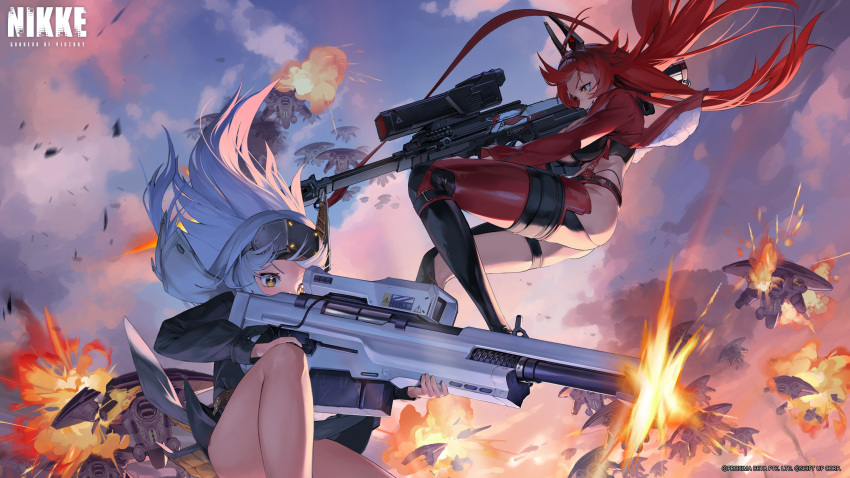 2girls absurdres aiming breasts cleavage falling firing goddess_of_victory:_nikke gun hair_between_eyes highres holding holding_gun holding_weapon horns jacket large_breasts leather leather_jacket long_hair long_sleeves mechanical_horns multiple_girls muzzle_flash official_art red_hair red_hood_(nikke) red_scarf scarf sidelocks sky snow_white_(innocent_days)_(nikke) snow_white_(nikke) tigermtang weapon wide_shot yellow_eyes