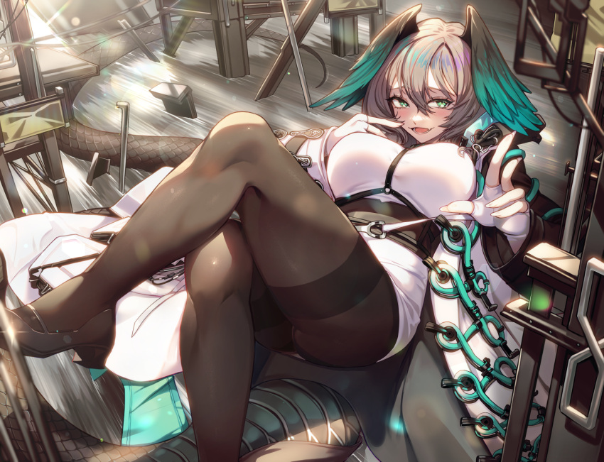 arknights black_footwear black_pantyhose breasts coat crossed_legs dress female fingerless_gloves foot_out_of_frame gloves green_eyes grey_hair hair_between_eyes head_wings highres ho'olheyak_(arknights) indoors knees_up large_breasts legs long_sleeves lower_teeth_only lying mentaikopan oerba_yun_fang on_back open_clothes open_coat open_mouth pantyhose shadow short_hair skin_fang snake_tail solo staff table tail teeth thighband_pantyhose thighs white_coat white_dress white_gloves wings