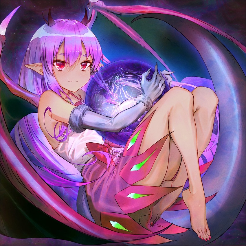 100_percent_orange_juice bare_legs bare_shoulders barefoot collateral_damage_studios dark-skinned_female dark_lulu_(orange_juice) dark_skin dragon_girl dragon_horns dragon_wings energy_ball english_commentary female highres horns long_hair nail_polish official_art pointy_ears purple_hair purple_skirt red_eyes shirt skirt solo toenail_polish toenails toes usanekorin very_long_hair white_shirt wings