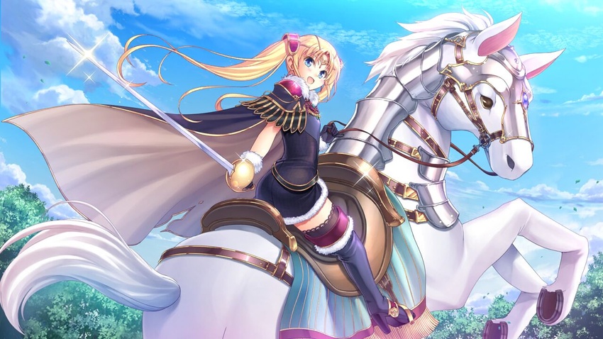 aiyoku_no_eustia barding belt black_cape black_footwear black_gloves blonde_hair blue_eyes blue_sky boots cape cloud day dress earrings female fur-trimmed_gloves fur_trim game_cg gloves hair_ornament holding holding_sword holding_weapon horse horseback_riding iris_mysteria! jewelry licia_de_novus_yurii long_hair looking_at_viewer looking_back loose_belt rapier riding saddle short_dress shoulder_pads sky smile sword thigh_boots thighhighs tiara twintails weapon white_horse