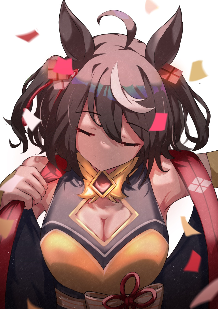 ahoge animal_ears bare_shoulders black_hair bob_cut breasts cleavage_cutout closed_eyes clothing_cutout detached_sleeves female flower_ornament hair_ribbon highres horse_ears horse_girl kitasan_black_(umamusume) large_breasts multicolored_hair red_eyes red_ribbon ribbon sanami_(sanami_t_38) short_hair solo streaked_hair two-tone_hair umamusume upper_body white_hair