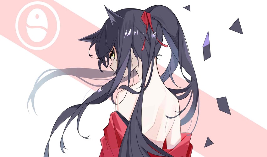 animal_ears arknights bad_id bad_pixiv_id bare_back black_hair extra_ears female from_behind hair_ribbon highres looking_at_viewer looking_back no_bra off_shoulder penguin_logistics_logo ponytail red_ribbon red_shirt ribbon shirt sideways_glance solo texas_(arknights) twilight_(cgkk4357) upper_body wolf_ears wolf_girl yellow_eyes