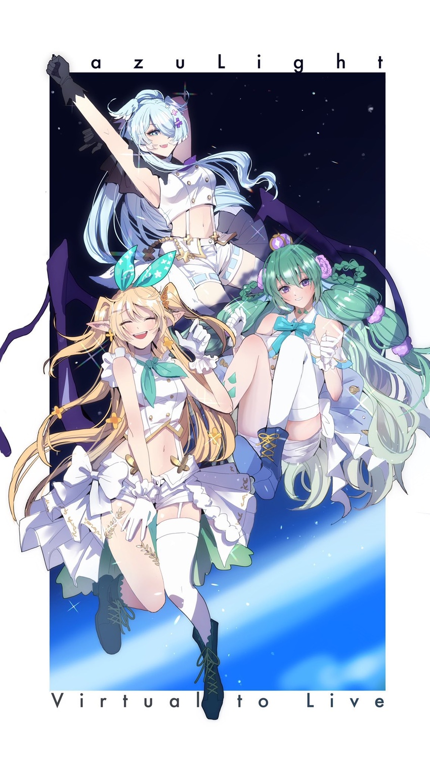 3girls blonde_hair blue_eyes blue_hair braided_hair_rings closed_eyes crop_top crown elira_pendora finana_ryugu frilled_gloves frills gloves green_hair hair_over_one_eye highres icedrop lazulight long_hair mini_crown multi-tied_hair multiple_girls nijisanji nijisanji_en pointy_ears pomu_rainpuff purple_eyes shirt shorts single_thighhigh thighhighs two_side_up virtual_youtuber white_gloves white_shirt white_shorts white_thighhighs