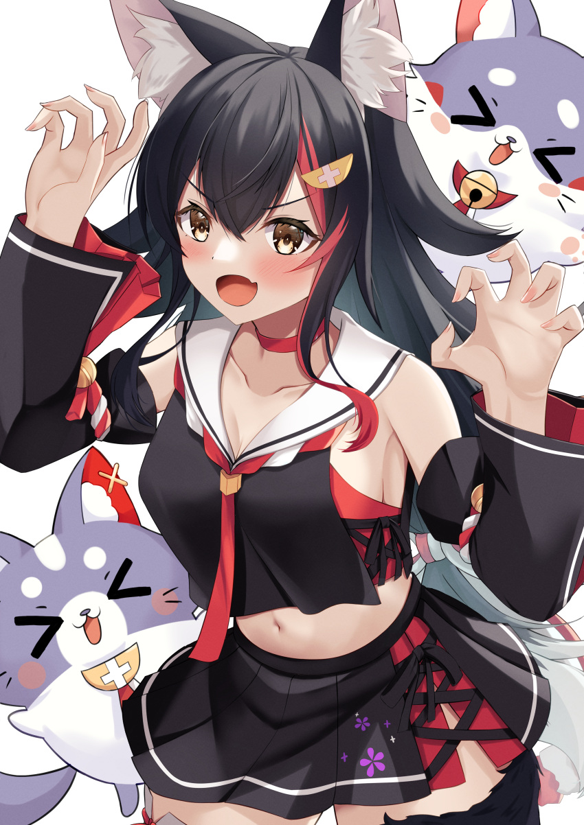 absurdres animal_ear_fluff animal_ears black_hair black_shirt black_skirt black_sleeves breasts choker cleavage commentary_request detached_sleeves female hair_ornament hairpin highres hololive long_hair looking_at_viewer medium_breasts miofa_(ookami_mio) multicolored_hair oerba_yun_fang ookami_mio ookami_mio_(1st_costume) open_mouth red_choker red_hair shirt skin_fang skirt smile streaked_hair tail tail_around_own_leg tyamiy1017 virtual_youtuber wolf_ears wolf_girl wolf_tail