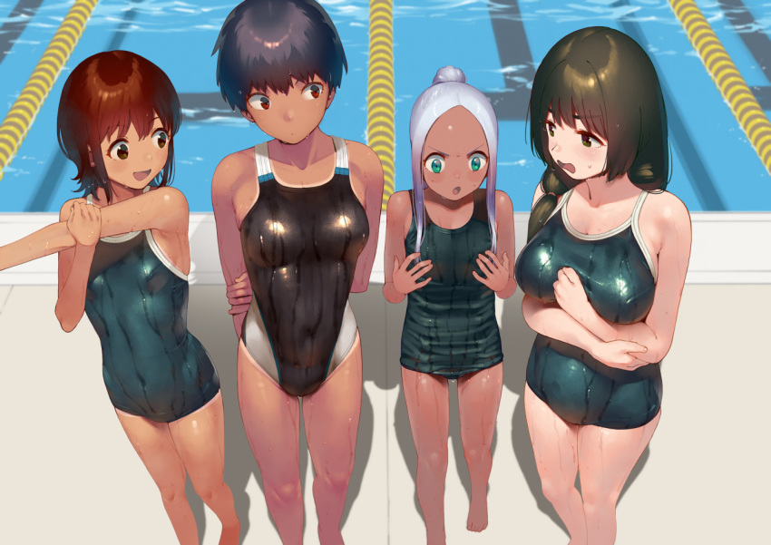 4girls :d :o aqua_eyes armpits arms_behind_back barefoot black_eyes black_hair black_one-piece_swimsuit blue_one-piece_swimsuit blush breast_envy breasts brown_eyes brown_hair collarbone commentary_request competition_school_swimsuit competition_swimsuit covered_navel cross-body_stretch dark-skinned_female dark_skin feet_out_of_frame flat_chest from_above groin hair_over_shoulder hair_tie hands_on_own_chest high_ponytail holding_own_arm lane_line lineup long_hair looking_at_another looking_down low-tied_long_hair medium_breasts multiple_girls okuzawa_chieri old_school_swimsuit one-piece_swimsuit one-piece_tan open_mouth outstretched_arm ponytail pool poolside red_eyes saginuma_mia_charlotte school_swimsuit shadow shiden_(sashimi_no_wife) shiny_clothes short_hair sidelocks sideways_glance small_breasts smile standing stretching swimsuit tan tanlines thighs todoroki_kanae tsunashima_makoto v-shaped_eyebrows water wavy_mouth wet wet_clothes wet_girls wet_hair wet_swimsuit white_hair