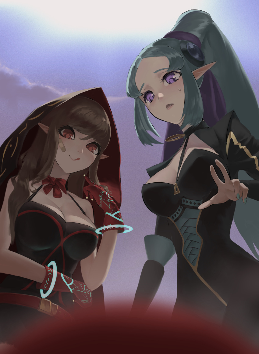 2girls :q absurdres bandage_on_face bandages belt black_dress black_hood black_shorts black_tank_top blue_hair breasts brown_hair cloud collar dress dungeon_and_fighter gloves hair_tie highres ikki_the_vikki long_hair medium_hair multiple_girls necktie niu_(dungeon_and_fighter) purple_eyes red_eyes shorts sweat tank_top tongue tongue_out upper_body v_(623210842)