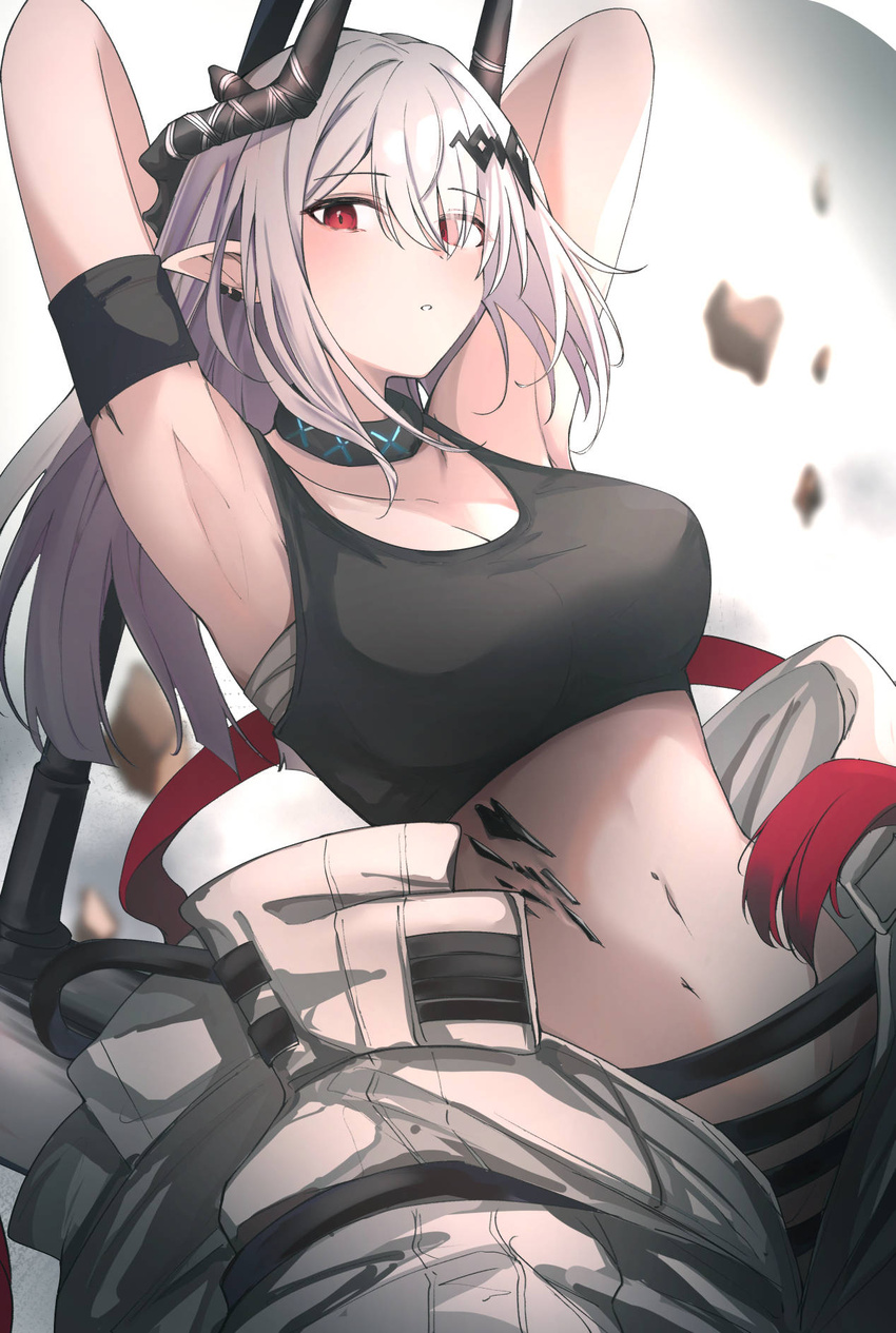 arknights armband armpits arms_up bandages bare_shoulders black_sports_bra breasts cleavage commentary commentary_request crop_top female highres horns infection_monitor_(arknights) kiyakyuu large_breasts long_hair looking_at_viewer material_growth midriff mudrock_(arknights) mudrock_(elite_ii)_(arknights) navel oripathy_lesion_(arknights) parted_lips pointy_ears red_eyes sarashi solo sports_bra stomach very_long_hair white_hair