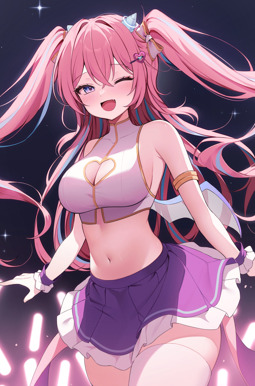 ;d absurdres angelic_buster bad_id bad_pixiv_id bare_shoulders blush breasts chimyo cleavage cleavage_cutout clothing_cutout commentary cowboy_shot crop_top dragon_wings female hair_between_eyes hair_ornament highres long_hair looking_at_viewer maplestory medium_breasts midriff mini_wings multicolored_hair navel oerba_yun_fang one_eye_closed pink_hair pleated_skirt purple_skirt skin_fang skirt sleeveless smile solo stomach streaked_hair thighhighs two-tone_hair two_side_up white_thighhighs wings zettai_ryouiki