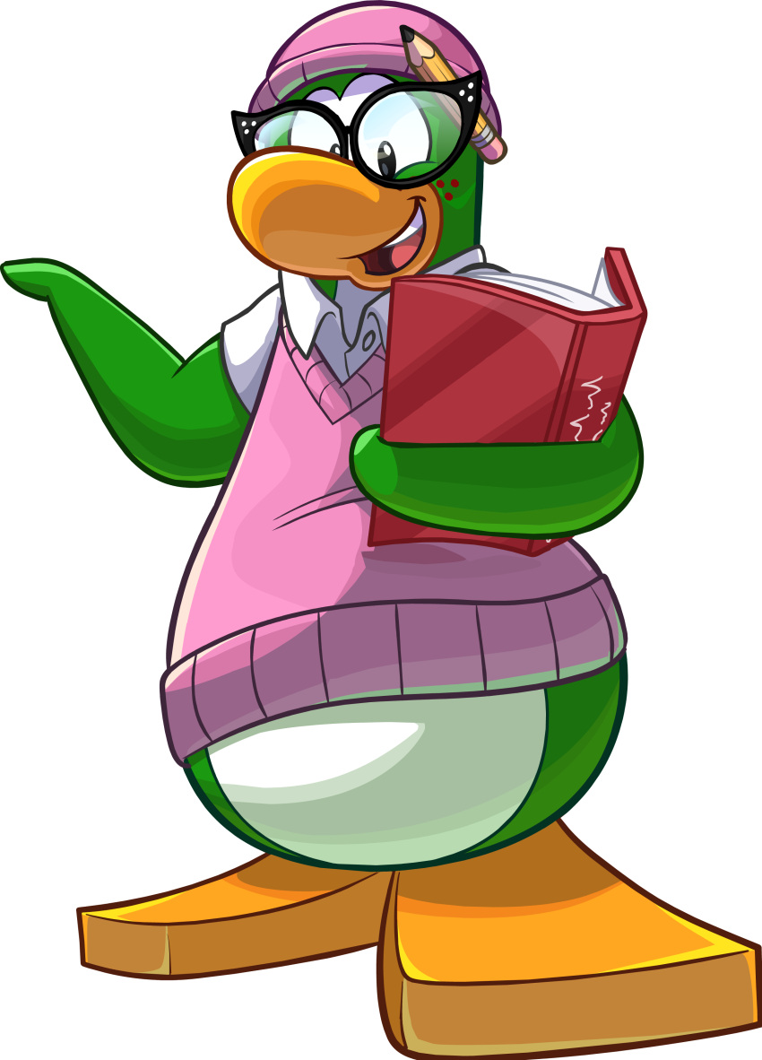 absurd_res alpha_channel aunt_arctic avian beanie bird book clothing club_penguin collared_shirt eyewear female full-length_portrait glasses hat headgear headwear hi_res holding_book holding_object official_art open_mouth pencil pencil_behind_ear penguin pink_clothing pink_headwear pink_topwear pink_vest portrait shirt solo teeth toony topwear unknown_artist upper_teeth_only vest white_clothing white_shirt white_topwear