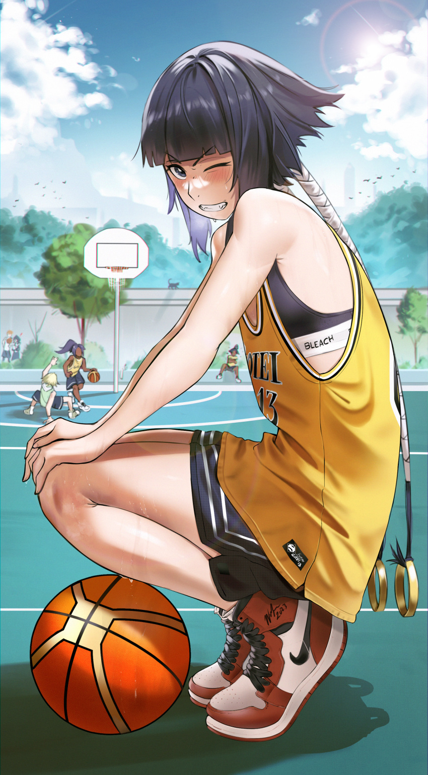 2boys 3girls absurdres air_jordan air_jordan_1 ball bare_arms basketball basketball_(object) basketball_court black_eyes black_hair black_shorts black_sports_bra bleach character_request feline from_side grin highres kuchiki_rukia kurosaki_ichigo low-cut_armhole multiple_boys multiple_girls nike_(company) one_eye_closed shihouin_yoruichi shihouin_yuushirou shoes short_hair_with_long_locks shorts smile sneakers solo_focus sports_bra sportswear squatting sui-feng sun teeth tomboy urahara_kisuke waligner