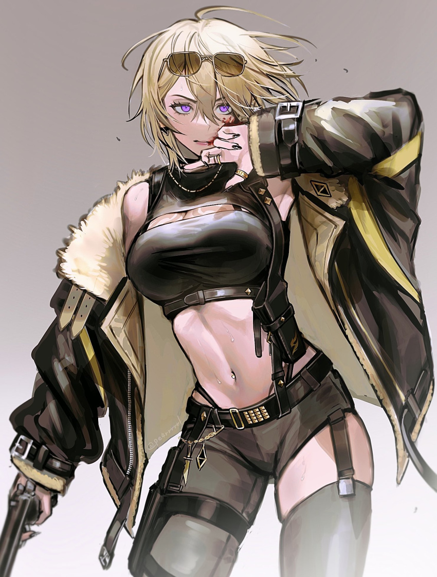 asymmetrical_clothes belt black_belt black_jacket black_nails black_pants black_shirt black_thighhighs blonde_hair blood blood_on_face breasts cleavage crop_top eyewear_on_head female fur-trimmed_jacket fur_trim genderswap_(mtf) gun highres holding holding_gun holding_weapon jacket jewelry large_breasts luca_kaneshiro lucy_kaneshiro nijisanji nijisanji_en open_clothes open_jacket pants pearl_(pe4rrrrrl) purple_eyes ring rule_63 shirt short_hair single_pantsleg solo sunglasses thighhighs virtual_youtuber weapon