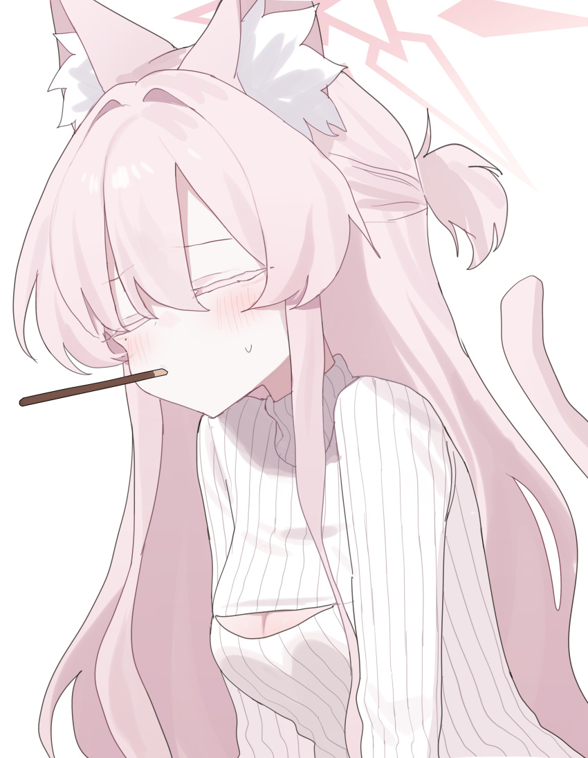 absurdres akira_(blue_archive) animal_ear_fluff animal_ears blue_archive blush cat_ears cat_tail cleavage_cutout closed_eyes clothing_cutout colored_eyelashes danbal female food food_in_mouth hair_between_eyes halo highres long_hair pink_hair pink_halo pocky pocky_day pocky_in_mouth ribbed_sweater simple_background solo sweater tail upper_body white_background white_sweater