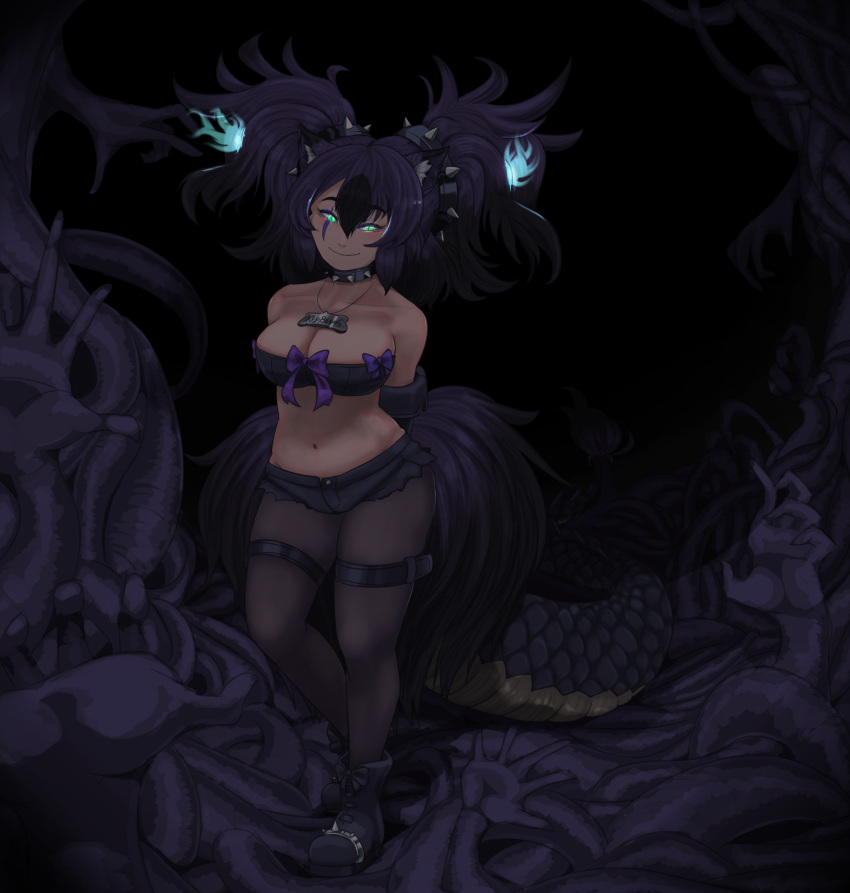 animal_ear_fluff animal_ears arms_behind_back bare_shoulders belt big_hair black_hair black_shorts blue_fire breasts brown_pantyhose buttons cerberus_(kemono_friends) cleavage closed_mouth collar dark dog_ears facial_mark female fire full_body glowing glowing_eyes glowing_hair green_eyes highres irimo_(knhg3432) jewelry kemono_friends large_breasts lipstick lizard_tail long_tail looking_at_viewer makeup multicolored_hair navel pantyhose pantyhose_under_shorts parted_bangs pendant purple_hair purple_lips shoes short_shorts shorts skindentation slit_pupils smile solo spiked_collar spiked_shoes spikes stomach strapless tail thigh_belt thigh_strap tube_top two_side_up unbuttoned walking