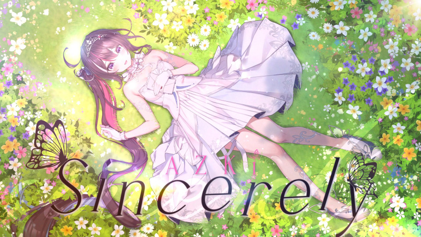 azki_(5th_costume)_(hololive) azki_(hololive) black_hair blush breasts character_name choker colored_inner_hair copyright_name dress female field flower flower_field frilled_choker frills gloves hand_on_own_stomach highres hololive layered_dress long_hair lying makieda medium_breasts mole mole_under_eye multicolored_hair official_alternate_hairstyle official_art on_back open_mouth pink_hair purple_eyes second-party_source side_ponytail smile solo strapless strapless_dress tiara virtual_youtuber white_choker white_dress white_gloves