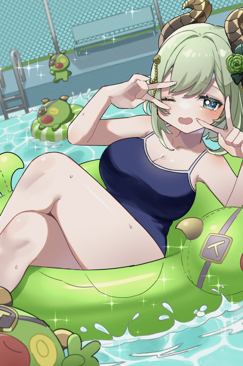 alternate_costume bench blue_eyes blue_one-piece_swimsuit blush breasts brown_horns chain-link_fence commentary_request creature crossed_legs curled_horns curvy demon_girl demon_horns double_v dutch_angle feet_out_of_frame female fence flower green_flower green_hair green_innertube green_rose hair_flower hair_intakes hair_ornament highres horns large_breasts looking_at_viewer medium_bangs nanashi_inc. one-piece_swimsuit one_eye_closed open_mouth pool rose sekishiro_mico short_hair smile solo splashing swimsuit tamotsu_(mary) v v_over_eye virtual_youtuber water