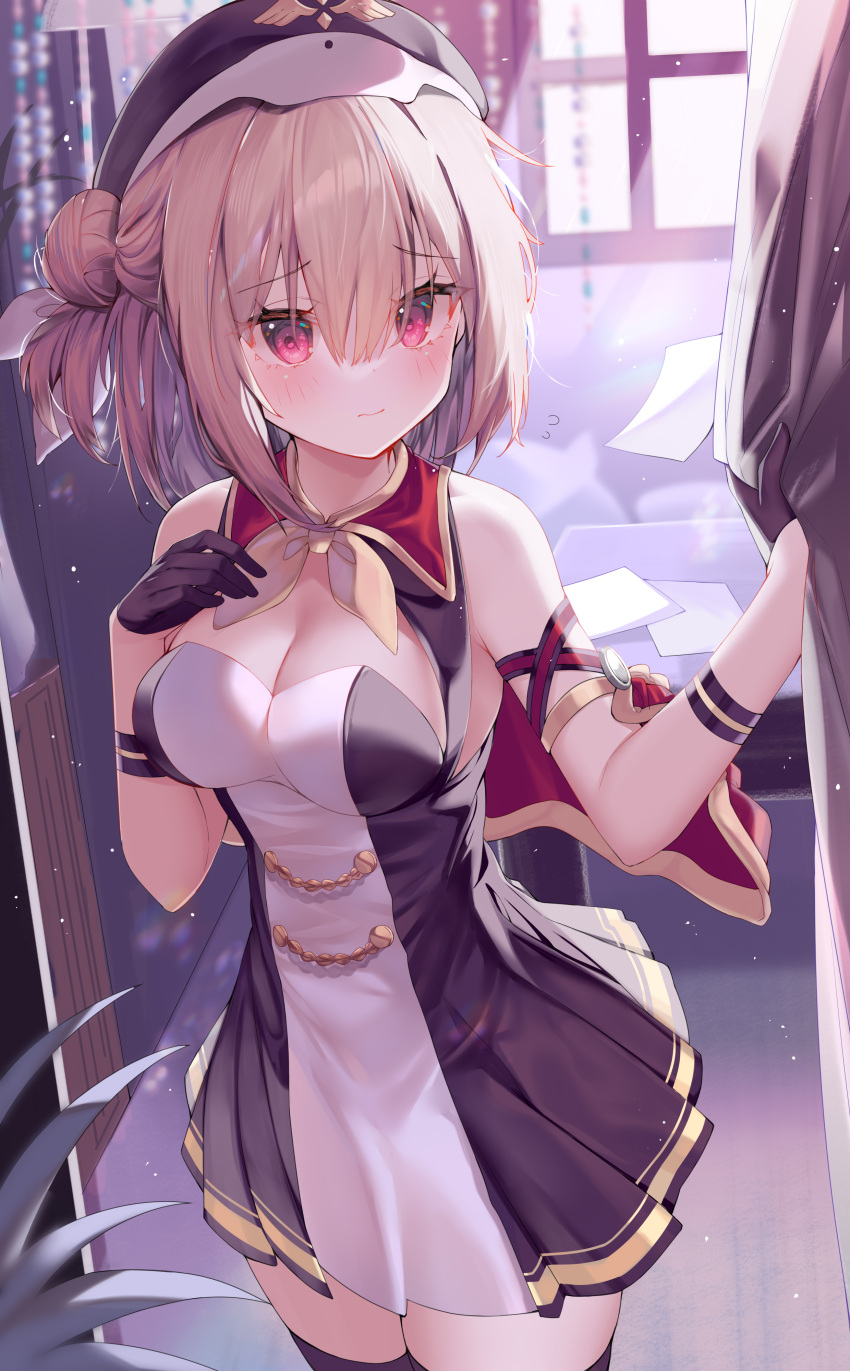 absurdres arm_strap azur_lane bare_shoulders black_dress black_gloves black_hat black_thighhighs blonde_hair breasts capelet cleavage cleavage_cutout closed_mouth clothing_cutout commission cowboy_shot curtains dress embarrassed female frown gloves gold_trim hair_bun half_gloves hands_up hat hecha_(01964237) highres indoors leipzig_(azur_lane) looking_at_viewer medium_breasts medium_hair military_hat pixiv_commission red_eyes sleeveless sleeveless_dress solo standing thighhighs two-tone_dress window zettai_ryouiki