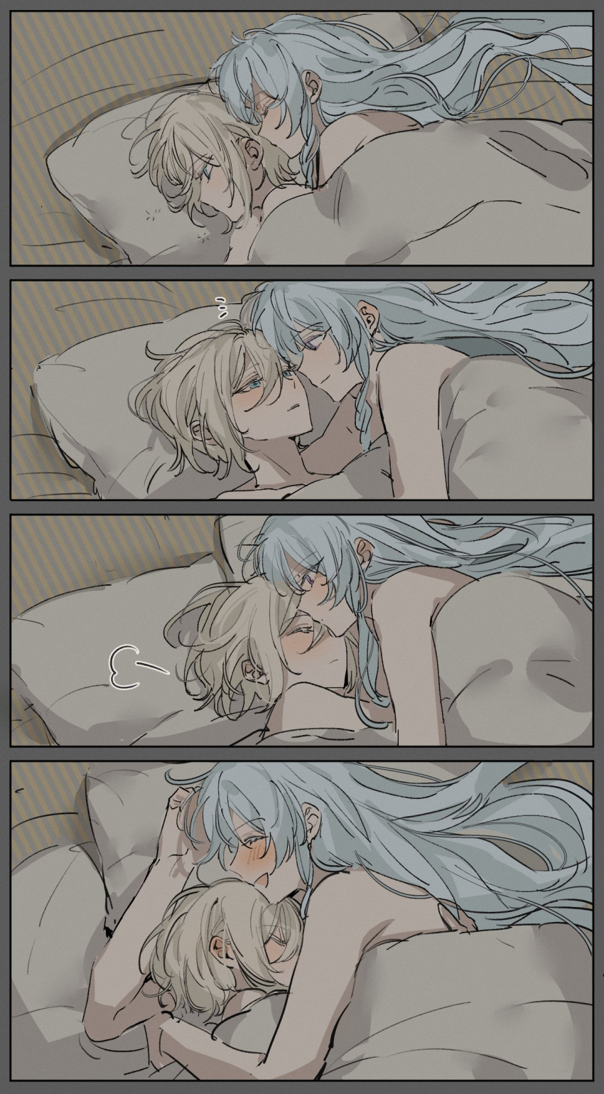 2boys blonde_hair blue_eyes blue_hair blush cuddling eichi_turnr ensemble_stars! hibiki_wataru highres kissing long_hair lying male_focus multiple_boys on_back pillow purple_eyes short_hair tenshouin_eichi topless_male under_covers yaoi