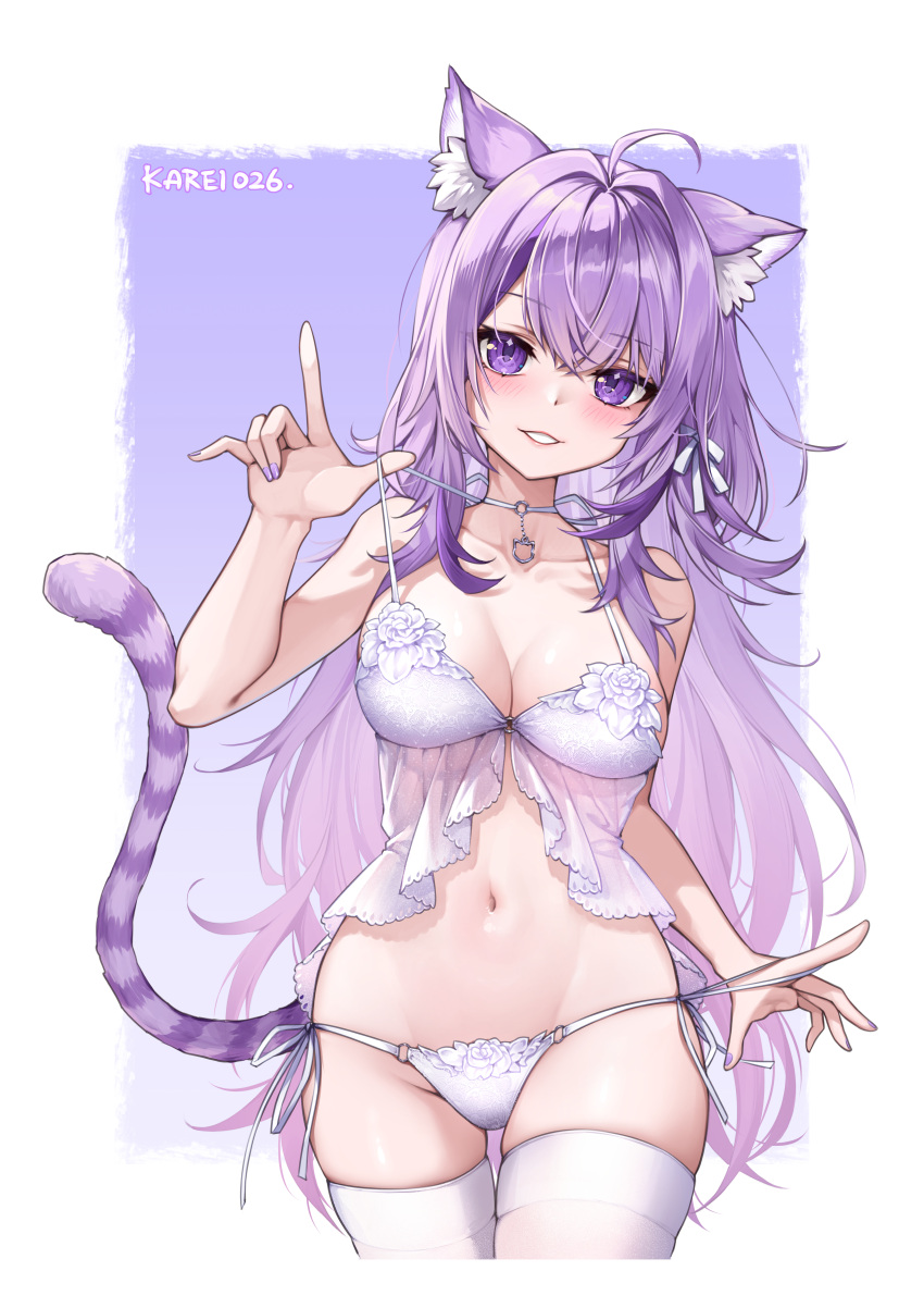 absurdres ahoge alternate_hair_length alternate_hairstyle animal_ear_fluff animal_ears blush bra breasts cat_ears cat_girl cat_tail cleavage curry_bowl female hair_between_eyes highres hololive lace-trimmed_bra lace-trimmed_panties lace_trim lingerie long_hair looking_at_viewer navel nekomata_okayu panties purple_eyes purple_hair smile solo striped_tail tail teeth thighhighs underwear underwear_only very_long_hair virtual_youtuber white_bra white_panties white_thighhighs