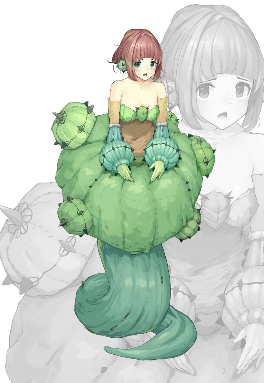 absurdres bare_shoulders breasts brown_hair cactus_girl chest_tattoo cleavage female full_body green_eyes green_hair highres looking_at_viewer medium_breasts monster_girl multicolored_hair open_mouth original personification plant_girl shitoi_(aqua1487) short_hair solo streaked_hair tattoo thorns white_background zoom_layer