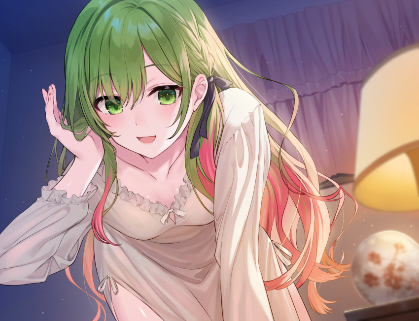 :d bent_over black_ribbon braid breasts collarbone commentary_request curtains dress female green_eyes green_hair hair_between_eyes hair_ribbon hand_up highres indoors long_hair long_sleeves looking_at_viewer medium_breasts morinaka_kazaki morinaka_kazaki_(adult) mosomoso multicolored_hair nijisanji puffy_long_sleeves puffy_sleeves red_hair ribbon smile solo two-tone_hair very_long_hair virtual_youtuber white_dress