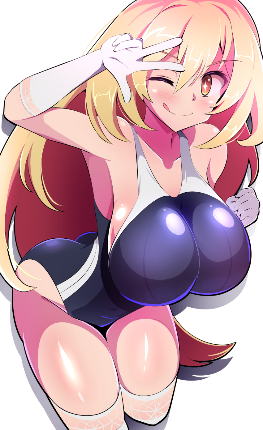 artistic_error ass bare_shoulders black_one-piece_swimsuit blonde_hair blush breasts bright_pupils brown_eyes competition_swimsuit elbow_gloves female gloves harubato highres large_breasts long_hair looking_at_viewer one-piece_swimsuit one_eye_closed shokuhou_misaki smile solo spider_web_print star-shaped_pupils star_(symbol) swimsuit symbol-shaped_pupils thighhighs toaru_kagaku_no_mental_out toaru_kagaku_no_railgun toaru_majutsu_no_index tokiwadai_school_swimsuit tongue tongue_out very_long_hair w w_over_eye white_gloves white_pupils