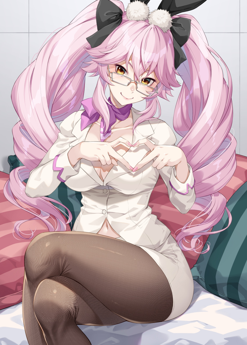 absurdres animal_ear_fluff animal_ears black_bow blush bow breasts brown_pantyhose cleavage collarbone cosplay crossed_legs fate/grand_order fate_(series) female glasses hair_between_eyes hairbow heart heart_hands highres jacket koyanskaya_(assassin)_(second_ascension)_(fate) koyanskaya_(fate) koyanskaya_(fate)_(cosplay) koyanskaya_(foreigner)_(first_ascension)_(fate) koyanskaya_(foreigner)_(first_ascension)_(fate)_(cosplay) large_breasts long_hair long_sleeves looking_at_viewer mukunokino_isshiki navel pantyhose pencil_skirt pink_hair purple_scarf rabbit_ears scarf self_cosplay sidelocks sitting skirt smile solo tamamo_(fate) thighs twintails white_jacket white_skirt yellow_eyes