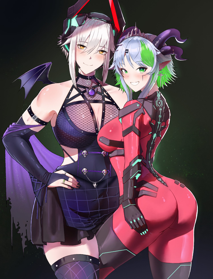 2girls apricot_the_lich apricot_the_lich_(1st_costume) apricot_the_lich_(cosplay) ass blush bodysuit breasts bridal_gauntlets cleavage cosplay costume_switch demon_girl demon_horns demon_wings dress green_eyes green_hair grey_hair highres horns jamesloves_art large_breasts looking_at_viewer medium_breasts medium_hair multicolored_hair multiple_girls pointy_ears purple_bridal_gauntlets purple_dress purple_thighhighs red_bodysuit short_hair sidelocks smile streaked_hair thighhighs virtual_youtuber vshojo wings yellow_eyes zentreya zentreya_(cosplay) zentreya_(cyborg) zentreya_(cyborg)_(1st_costume)