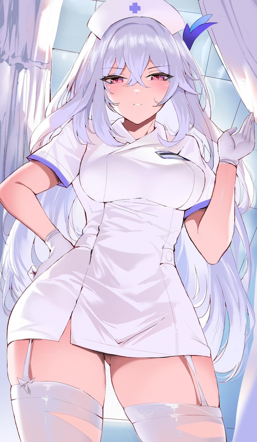 alternate_costume ass_visible_through_thighs blush breasts commentary cowboy_shot crossed_bangs female garter_straps genshin_impact gloves hair_between_eyes hand_on_own_hip hat highres large_breasts looking_at_viewer nurse nurse_cap parted_lips pink_eyes shiben_(ugvu5784) short_sleeves skirk_(genshin_impact) solo thighhighs thighs white_garter_straps white_gloves white_thighhighs