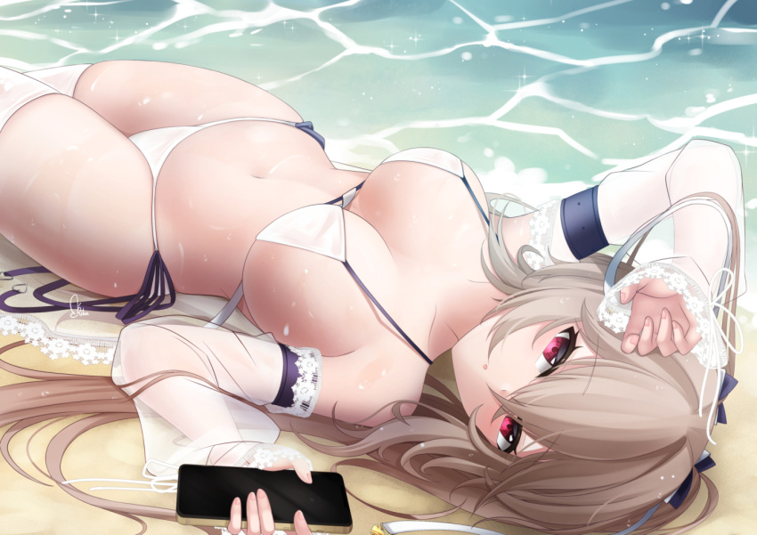 anchorage_(azur_lane) anchorage_(dolphins_and_swim_lessons)_(azur_lane) azur_lane beach bikini black_bow bow breasts cellphone collarbone commentary detached_sleeves english_commentary female hairbow holding holding_phone large_breasts light_brown_hair long_hair lying mixed-language_commentary navel official_alternate_costume on_back phone pink_eyes rika_ryne see-through see-through_sleeves shore side-tie_bikini_bottom sideboob signature sleeves_past_wrists smartphone solo sparkle stomach swimsuit thighhighs two-tone_bow water wet wet_hair white_bow white_thighhighs