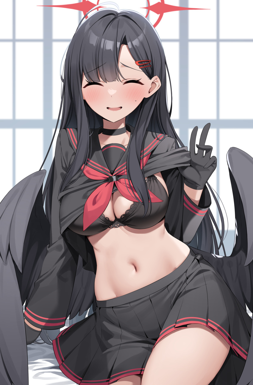 absurdres black_bra black_choker black_gloves black_hair black_shirt black_skirt blue_archive blush bra breasts choker closed_eyes commentary_request female gloves hair_ornament hairclip halo hand_up highres ichika_(blue_archive) large_breasts long_hair long_sleeves low_wings navel nervous_smile parted_lips pleated_skirt red_halo shirt sitting skirt smile solo stomach suiroh_(shideoukami) thighs underwear wings