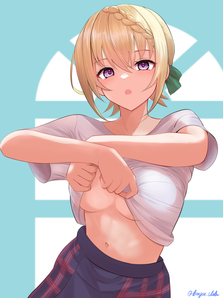 absurdres blonde_hair blue_skirt braid braided_bun breasts commentary dangan_kurabu female green_ribbons hair_between_eyes hair_bun hair_ribbon highres kantai_collection large_breasts lifting_own_clothes navel open_mouth perth_(kancolle) plaid plaid_skirt pleated_skirt purple_eyes ribbon shirt short_hair short_sleeves simple_background skirt solo twintails underboob undressing white_shirt