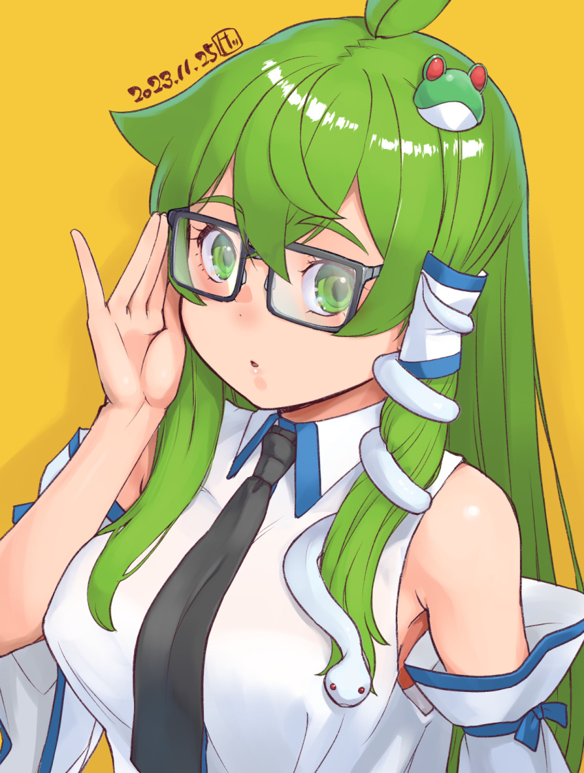 adjusting_eyewear antenna_hair bespectacled black-framed_eyewear black_necktie blue_bow bow breasts collared_shirt commentary_request crossed_bangs dated detached_sleeves expressionless female frog_hair_ornament glasses green_eyes green_hair hair_ornament highres kei_jiei kochiya_sanae large_breasts long_hair looking_at_viewer medium_bangs necktie open_mouth rectangular_eyewear shirt simple_background single_hair_tube sleeve_bow sleeveless sleeveless_shirt snake_hair_ornament solo touhou upper_body white_shirt white_sleeves yellow_background