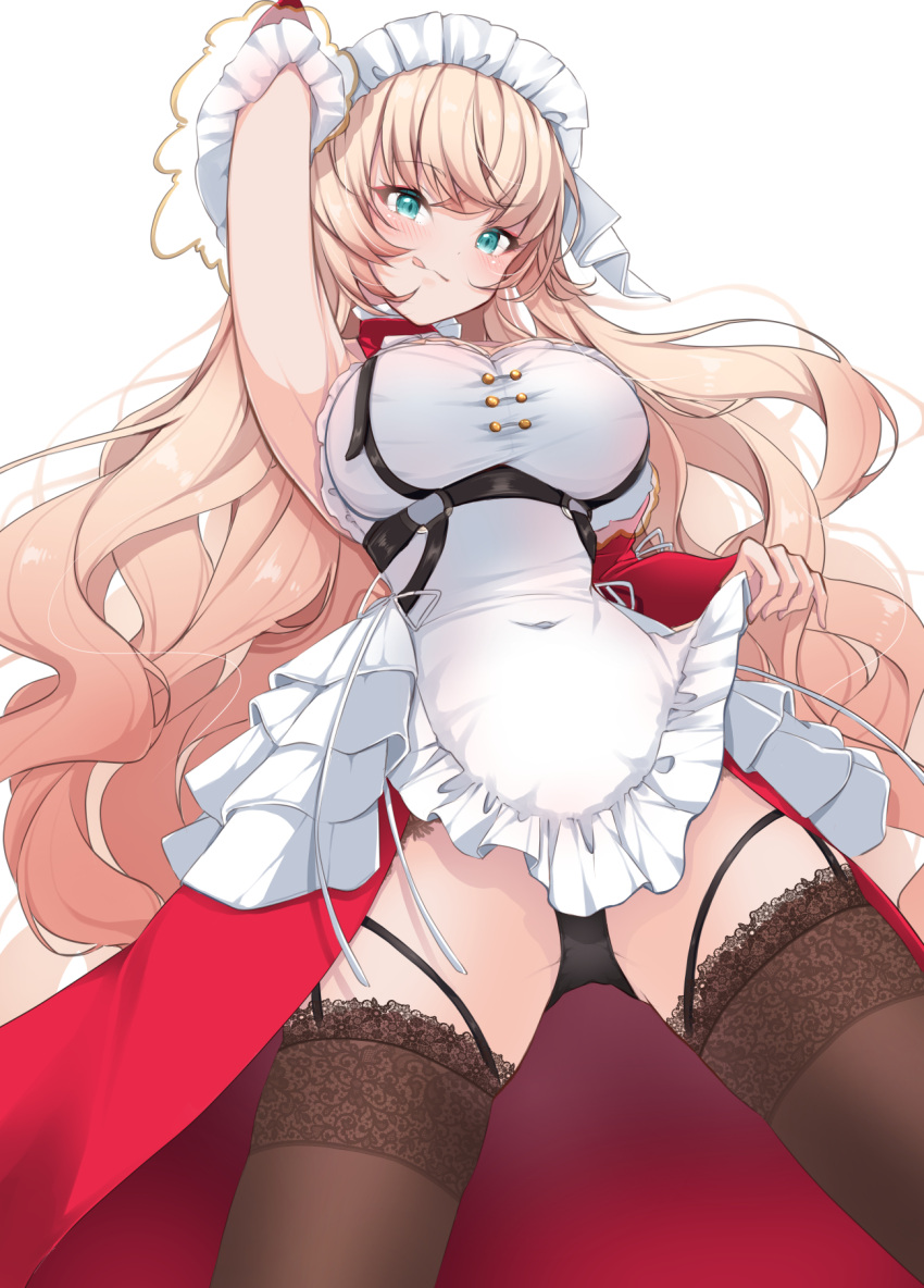 apron azur_lane bare_shoulders black_garter_straps black_panties blonde_hair blue_eyes bound bound_wrists breasts brown_thighhighs cleavage detached_sleeves dress female frilled_apron frills garter_straps gloves highres howe_(azur_lane) howe_(pastry_princess)_(azur_lane) lace-trimmed_legwear lace_trim large_breasts long_hair looking_at_viewer maid maid_headdress mikuchi3939 o-ring_garter_belt official_alternate_costume panties red_sleeves ribbon solo thighhighs underwear very_long_hair white_apron