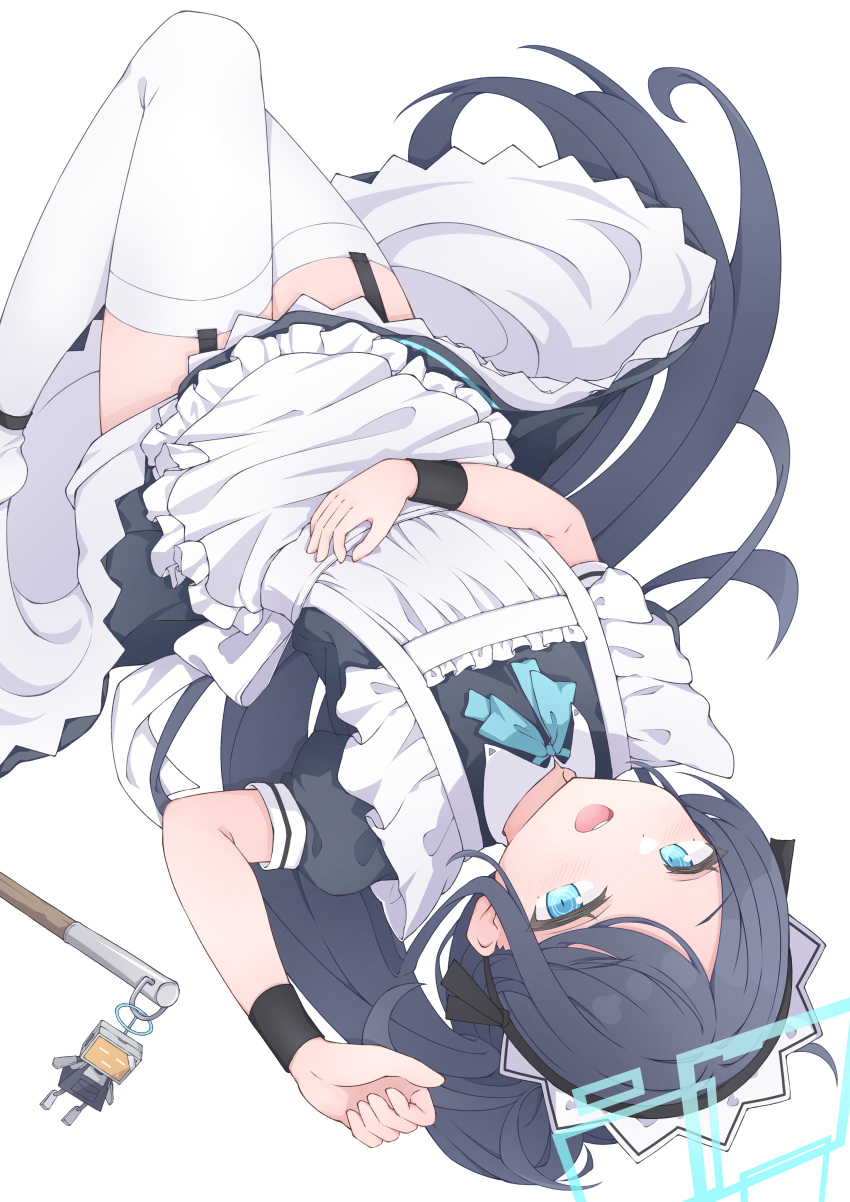 <key>_(robot)_(blue_archive) absurdly_long_hair absurdres apron aqua_halo aqua_ribbon aris_(blue_archive) aris_(maid)_(blue_archive) black_dress black_hair black_wristband blue_archive blue_eyes blue_hair dress female frilled_apron frills garter_straps halo hand_on_own_stomach hand_up highres knee_up light_blush long_hair looking_at_viewer lying maid_apron maid_headdress mechanical_halo mizusaki_(kn27) mop neck_ribbon official_alternate_costume on_back open_mouth puffy_short_sleeves puffy_sleeves rectangular_halo ribbon ringed_eyes short_sleeves smile solo thighhighs very_long_hair white_apron white_background white_thighhighs zettai_ryouiki