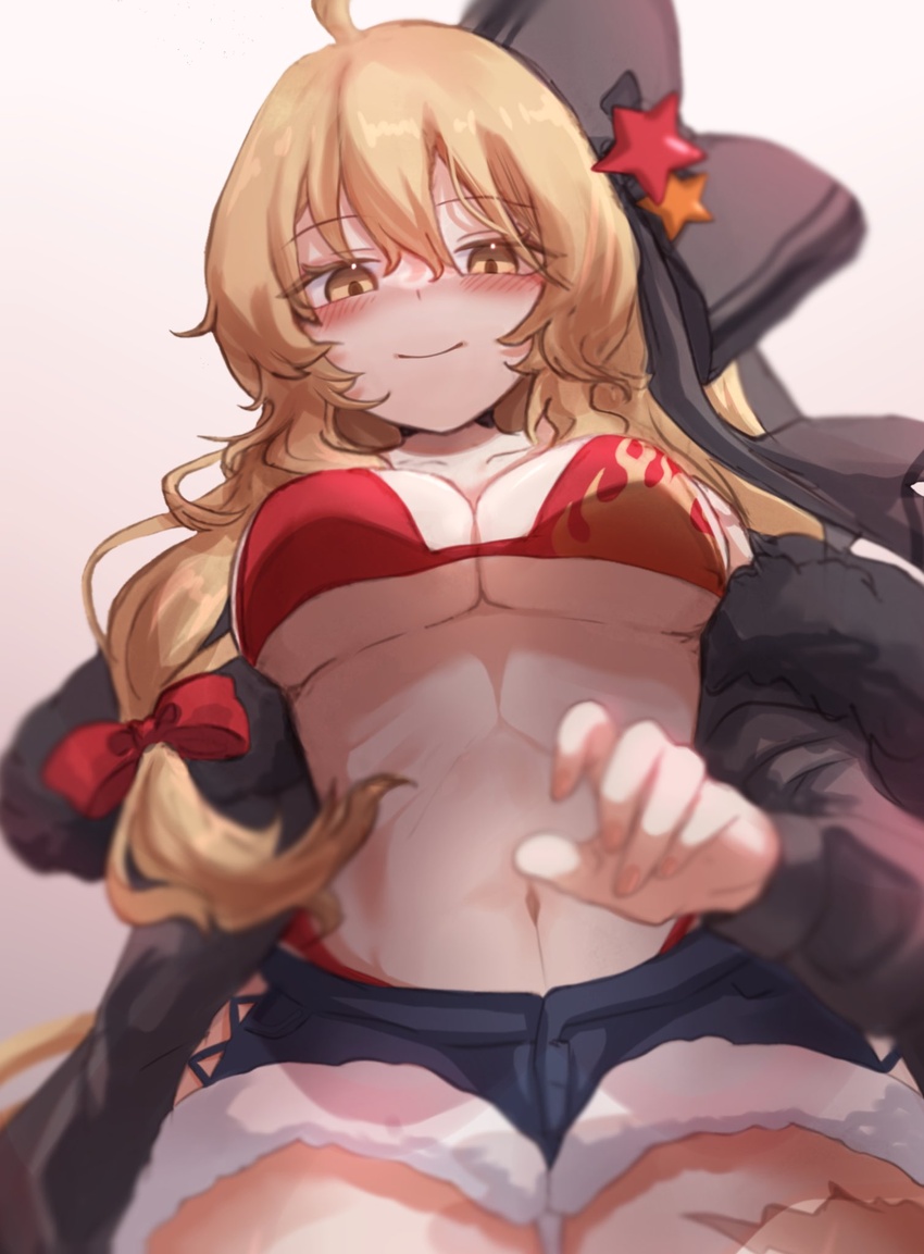 ahoge bikini black_bow black_jacket blonde_hair blush bow braid breasts clothing_cutout commentary_request cowboy_shot denim denim_shorts female flame_print from_below hair_between_eyes hair_ornament hairbow hand_up highres jacket karasu2020_8 kirisame_marisa kirisame_marisa_(witch_of_scarlet_dreams) kirisame_marisa_(witch_of_scarlet_dreams_on_vacation) long_hair looking_at_viewer medium_breasts midriff navel off_shoulder red_bikini red_bow scar shorts side_braid side_cutout simple_background single_braid smile solo star_(symbol) star_hair_ornament swimsuit thick_thighs thighs touhou touhou_lostword underboob wavy_hair white_background yellow_eyes