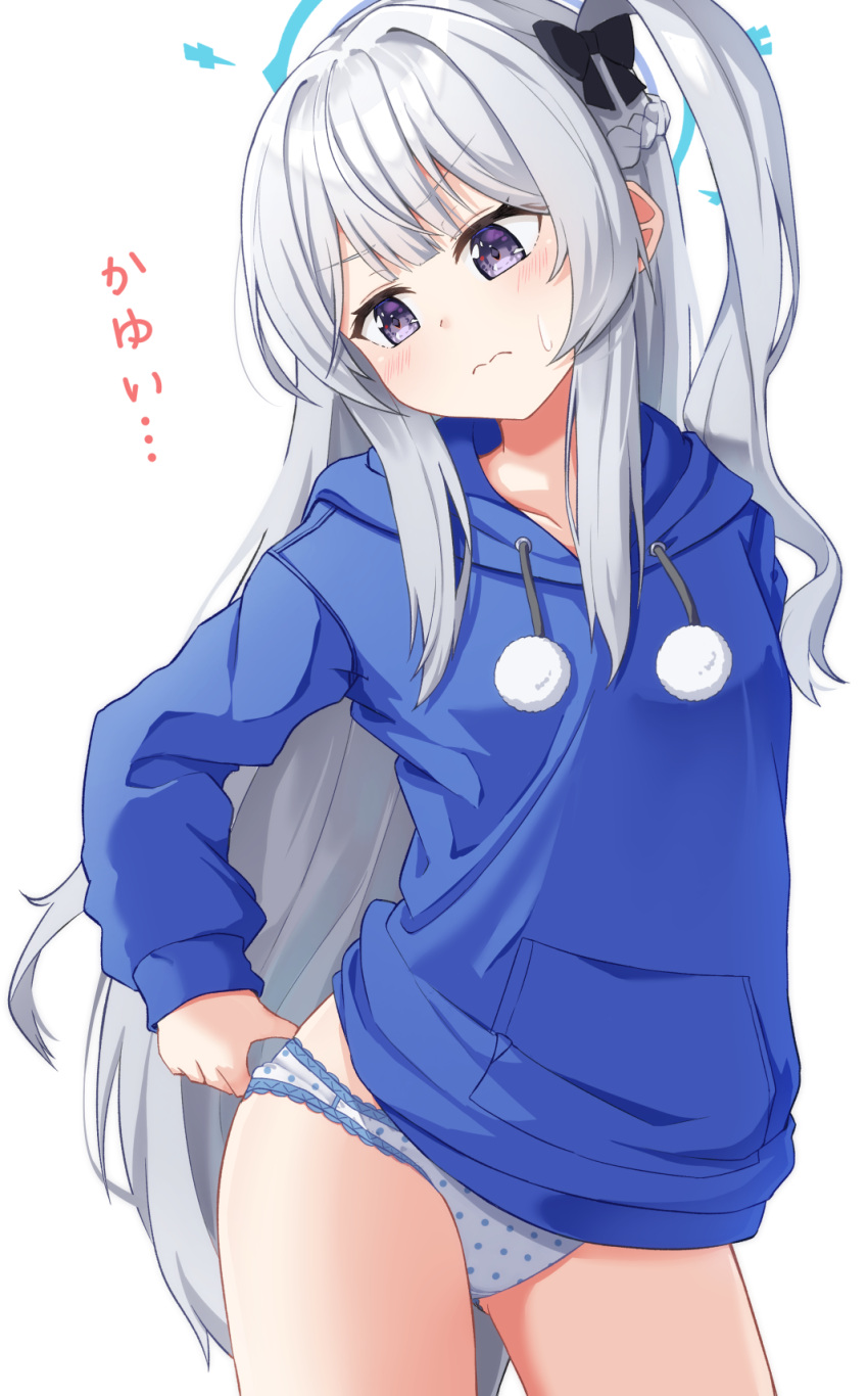 ass_visible_through_thighs blue_archive blue_halo blue_hoodie blush braid casual closed_mouth commentary_request cowboy_shot female grey_hair halo highres hood hood_down hoodie long_hair long_sleeves miyako_(blue_archive) miyako_(young)_(blue_archive) nenosame official_alternate_costume one_side_up panties polka_dot polka_dot_panties purple_eyes simple_background solo translation_request underwear white_background white_panties