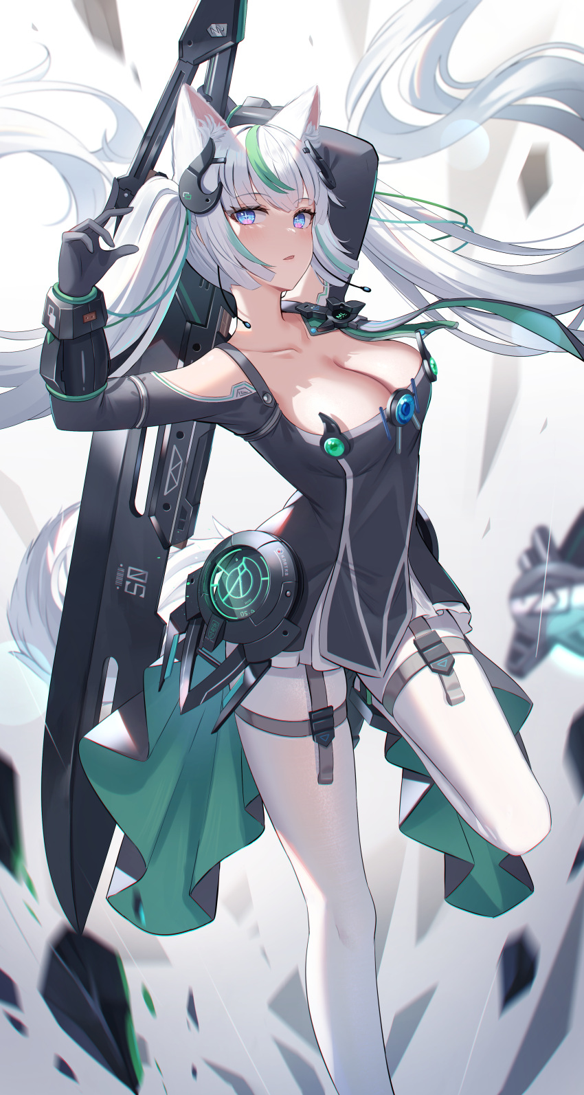 absurdres animal_ear_fluff animal_ears blue_eyes blush breasts cleavage collarbone female green_hair highres holding holding_weapon long_hair medium_breasts mirufuaa multicolored_hair original parted_lips pink_eyes solo streaked_hair thighhighs twintails two-tone_eyes two-tone_hair weapon weapon_behind_back white_hair white_thighhighs