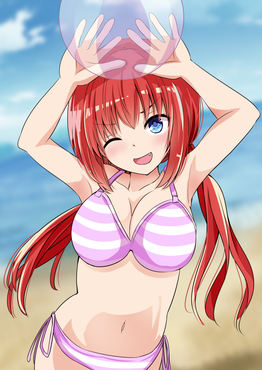 ;d absurdres arms_up ball bare_arms beach beachball bikini blue_eyes blurry blurry_background breasts cleavage collarbone commentary_request curvy day eyelashes female gabriel_dropout hair_between_eyes head_tilt highres holding holding_ball holding_beachball izuminomitsuba large_breasts long_hair looking_up low_twintails navel ocean oerba_yun_fang one_eye_closed open_mouth outdoors purple_bikini red_hair satanichia_kurumizawa_mcdowell side-tie_bikini_bottom sidelocks smile solo standing striped_bikini striped_clothes swimsuit twintails upper_body upturned_eyes v-shaped_eyebrows very_long_hair