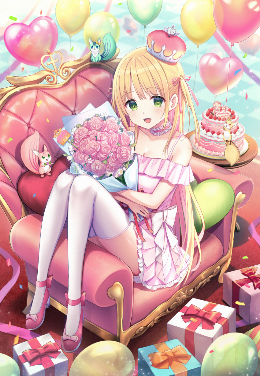 :d animal balloon bare_shoulders box breasts cake cleavage collarbone commentary_request crown dress female flower food gift gift_box hair_ribbon heart heart-shaped_pillow heart_balloon highres hugging_object ikoi_momoa knees_up long_hair looking_at_viewer mini_crown off-shoulder_dress off_shoulder pillow pink_dress pink_flower pink_footwear pink_ribbon pink_rose propro_production ribbon rose shoes sitting small_breasts smile solo squirrel thighhighs tilted_headwear two_side_up u_rin very_long_hair virtual_youtuber white_thighhighs